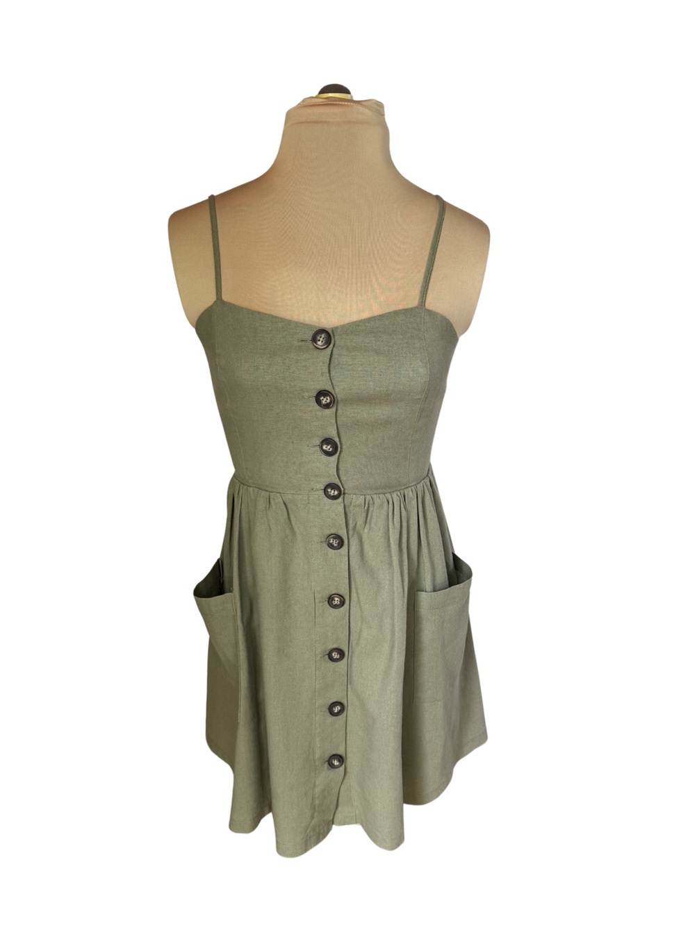 Raspy Peach Green Linen Button Dress - Size S